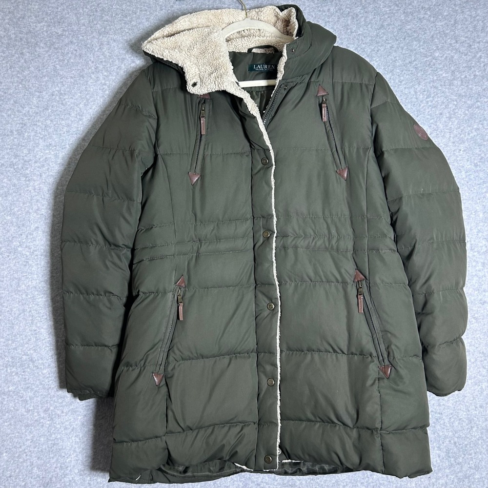 LRL Ralph Lauren Puffer Coat Women L Green Down Sherpa Hood Parka Gorpcore